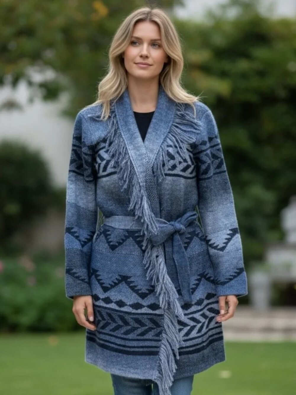 NWT, blue, gray cardigan with Aztec pattern and Fringe Detail